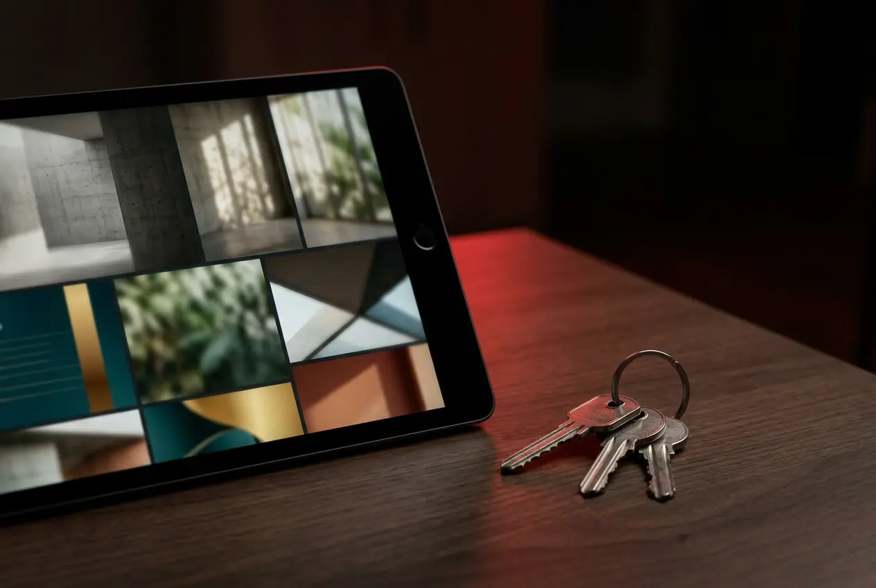 Tablet showing a property listing gallery next to house keys