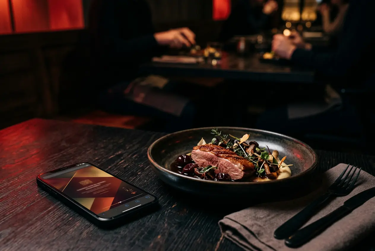 Plated dish on a dark restaurant table with a phone showing a menu