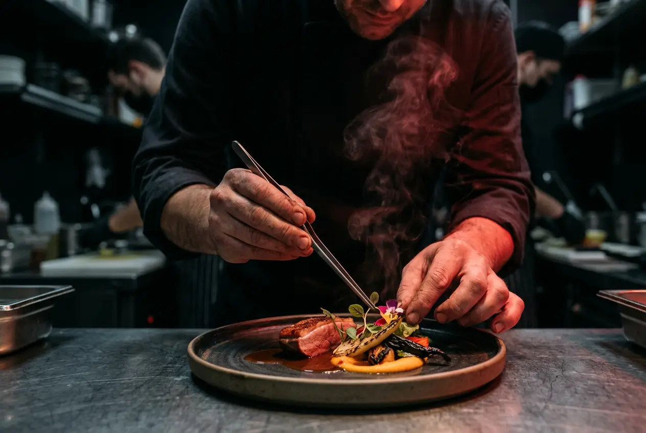 Chef's hands plating food in a dim kitchen