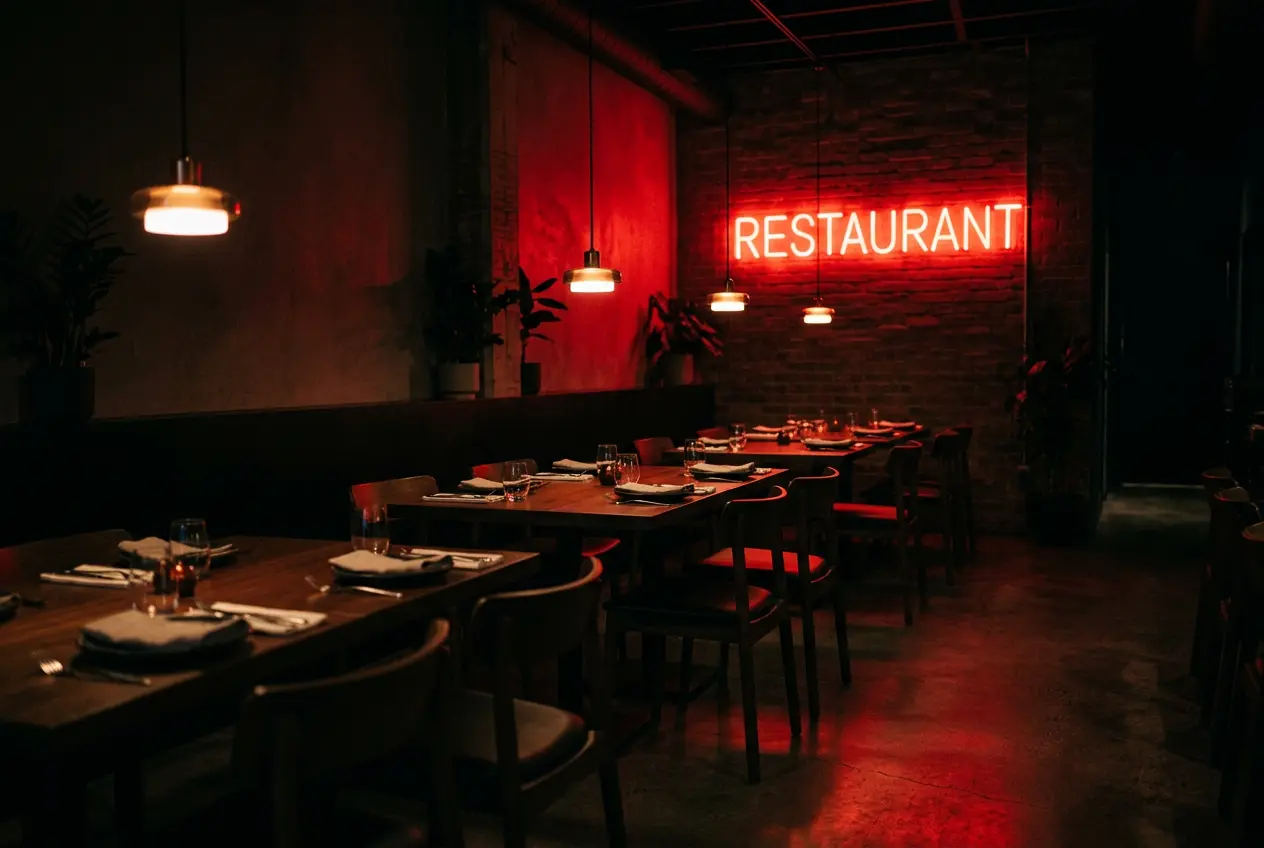 Restaurant dining room at night ready for service