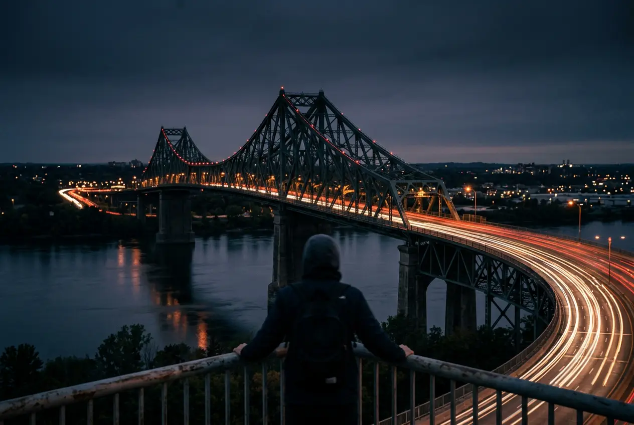 Bridge over the St. Lawrence at dusk
