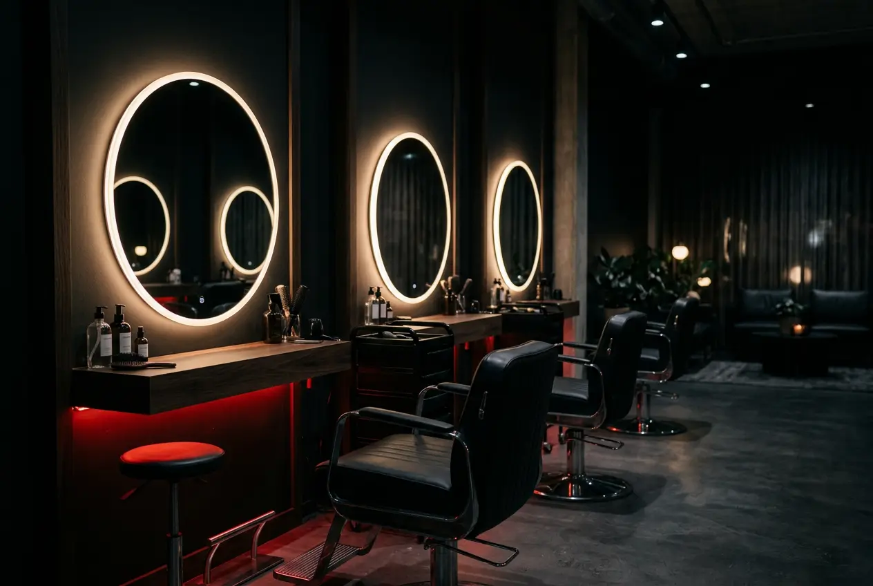 Modern hair salon chairs and mirrors in soft light