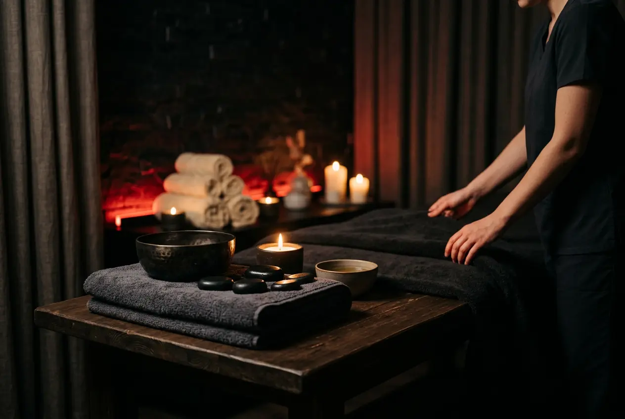 Spa treatment room with towels and candles