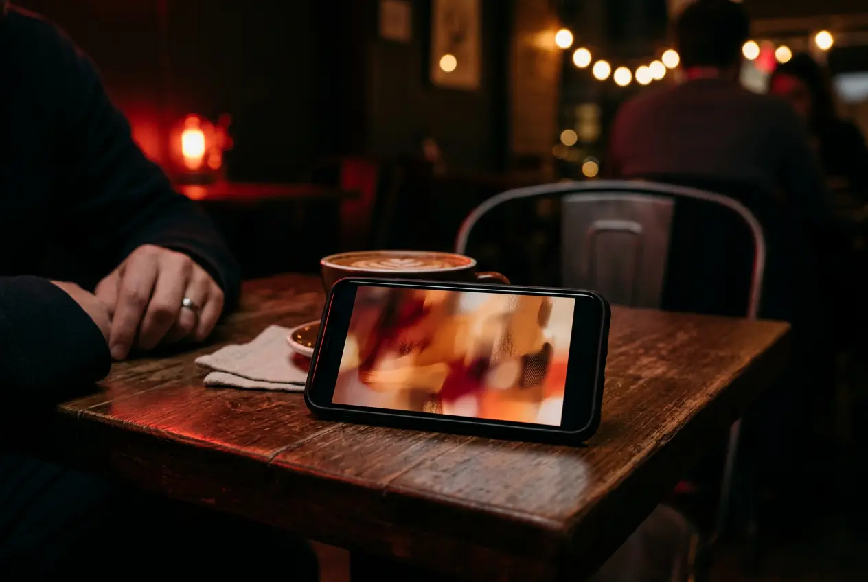 Phone showing a local business ad on a café table