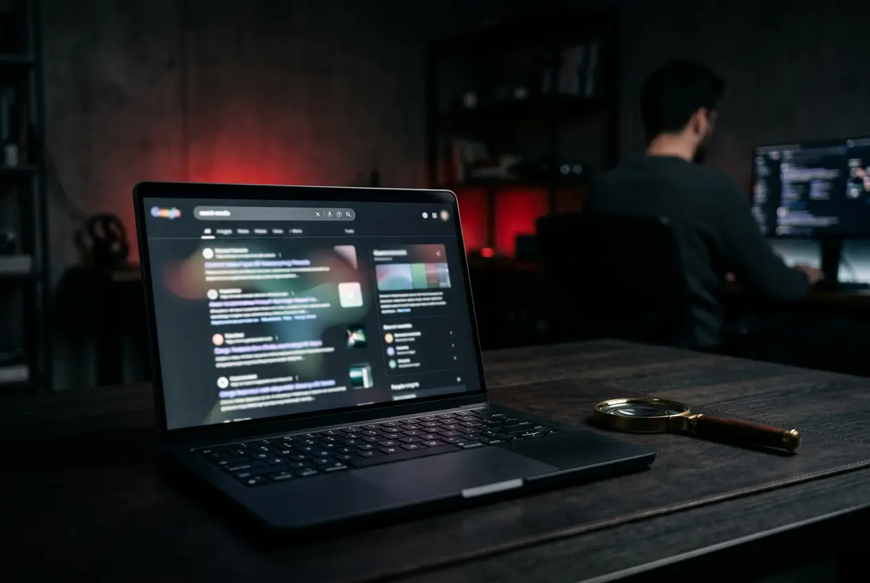 Search results page on a laptop in a dark room, symbolising SEO