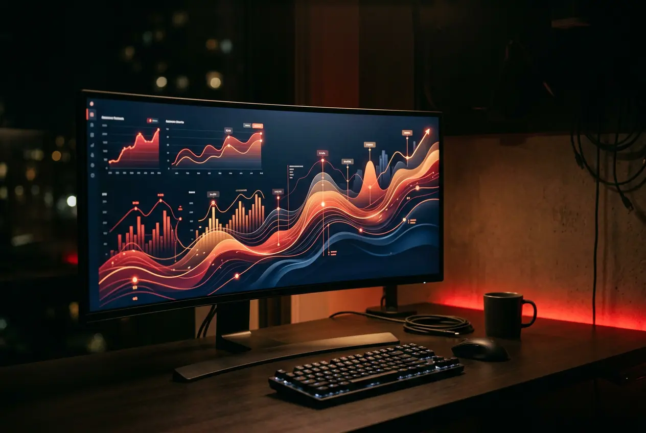 Analytics charts trending upward on a large monitor