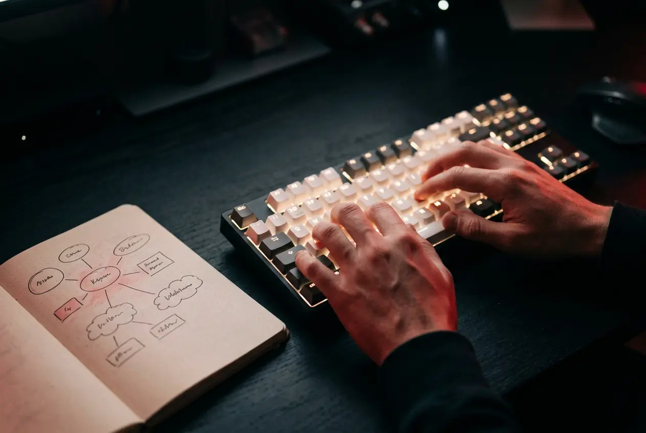 Hands typing keyword research notes on a keyboard