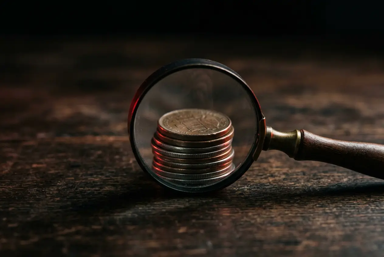 Magnifying glass over coins on a dark desk