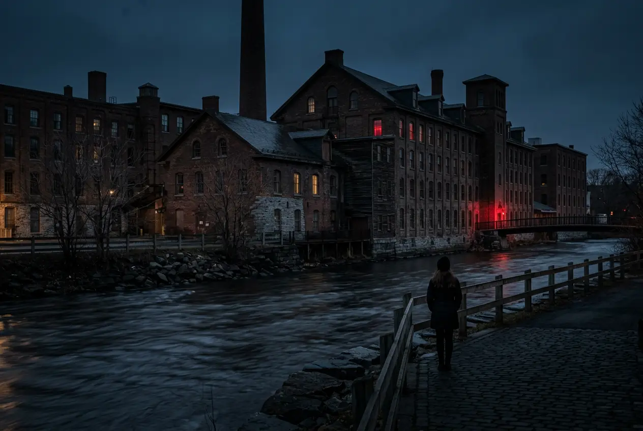 Sherbrooke river and old mill buildings at dusk