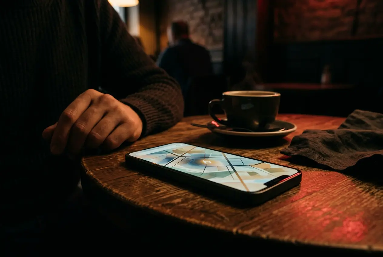 Phone showing a local map search on a café table