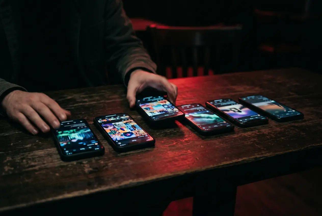 Phones showing social media feeds on a dark table