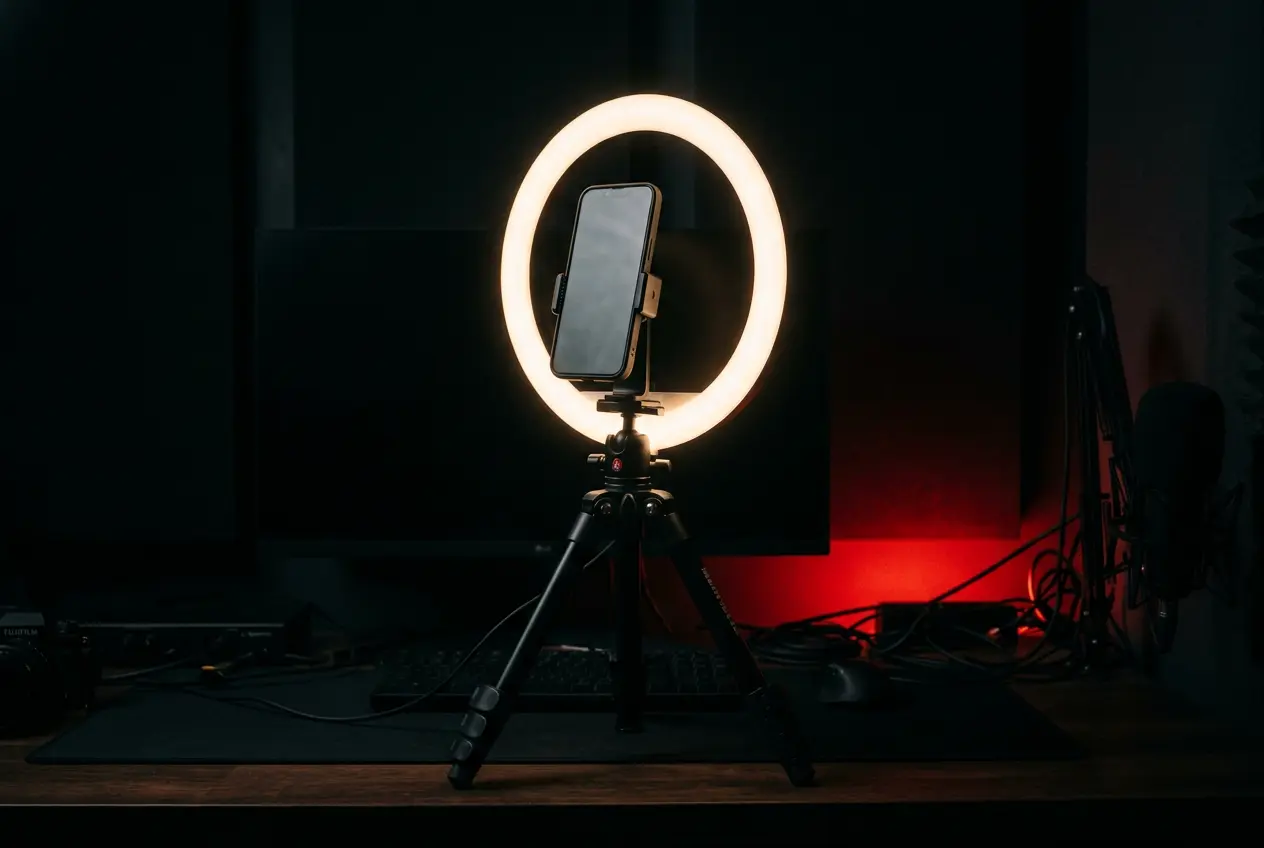 Content creator's ring light and phone tripod