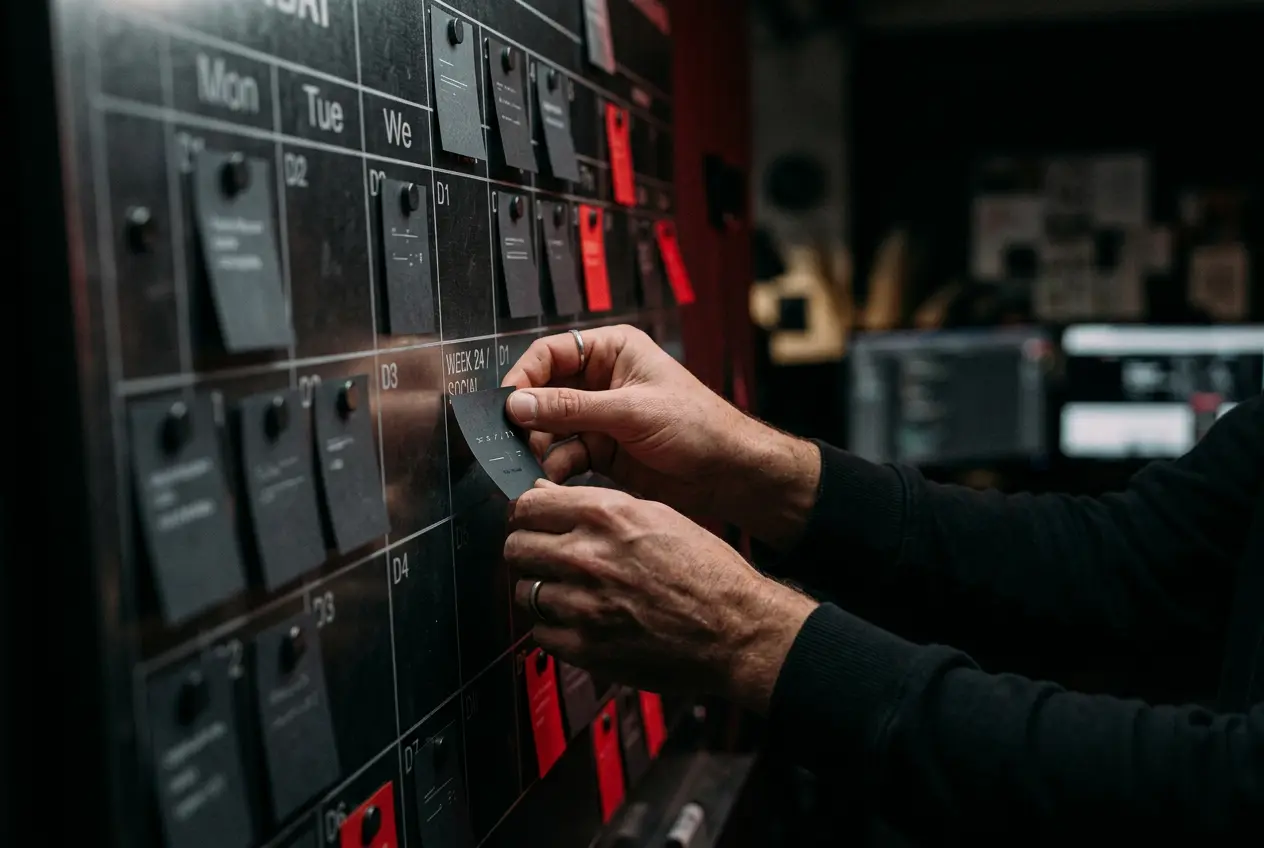 Hands planning a content calendar