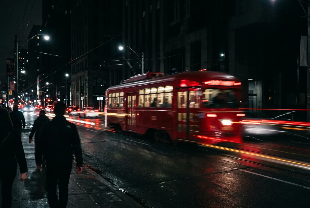 Streetcar on a downtown street at night