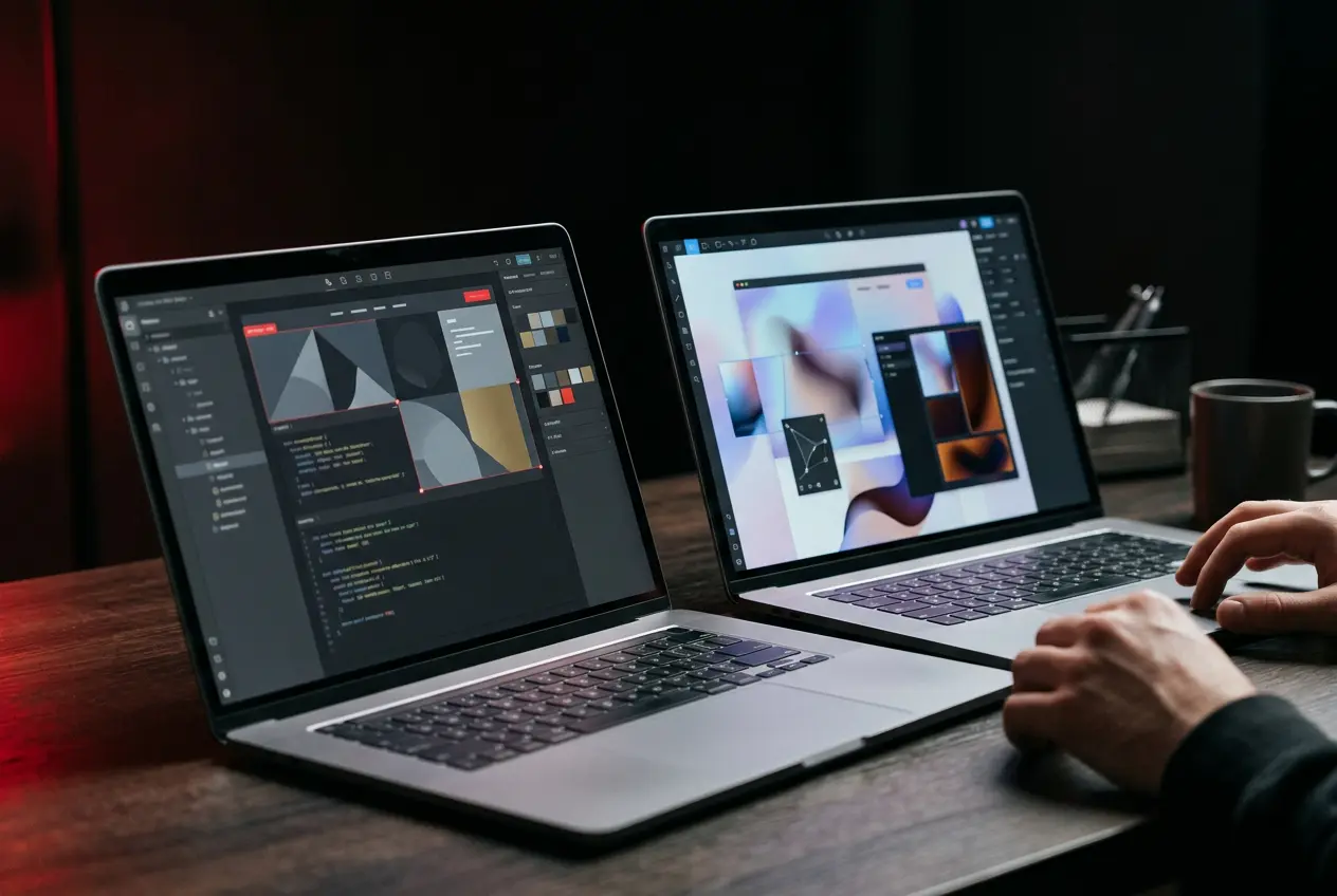 Two laptops side by side showing different website editors