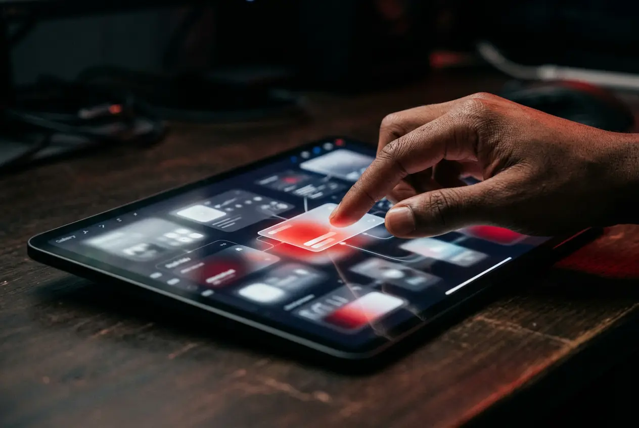 Hands dragging interface blocks on a tablet