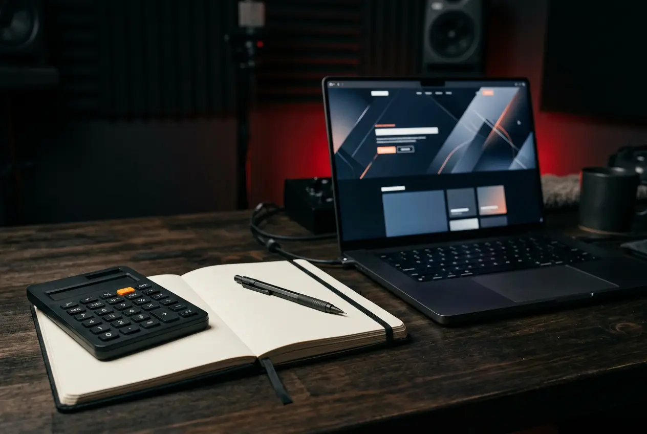 Calculator next to a laptop showing a website layout