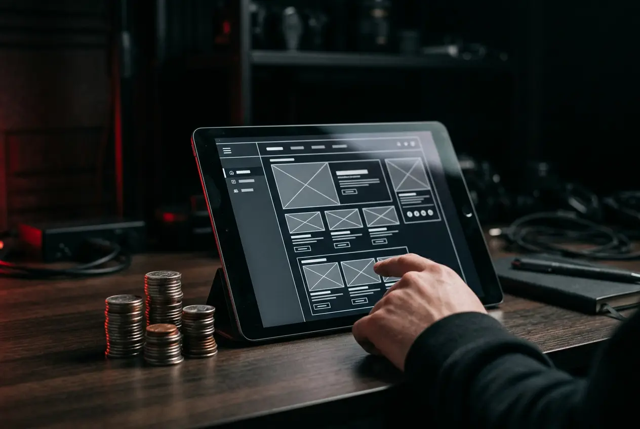 Coins stacked beside a tablet with wireframes