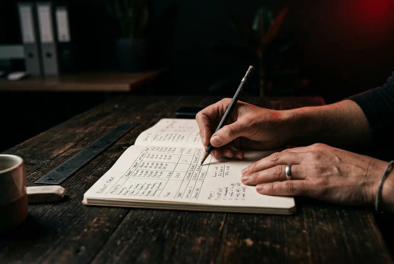 Hands planning a website budget on paper