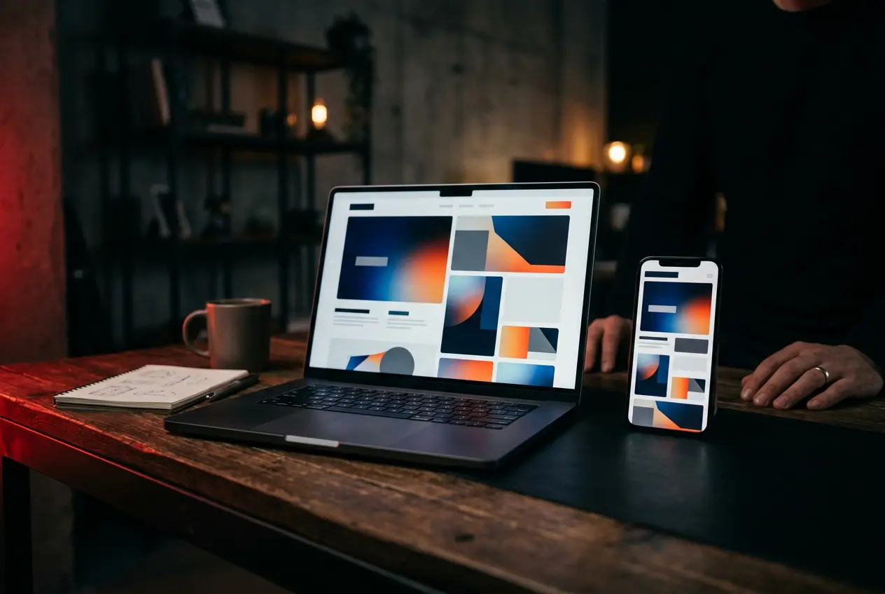 Laptop and phone showing a responsive website layout on a dark studio desk