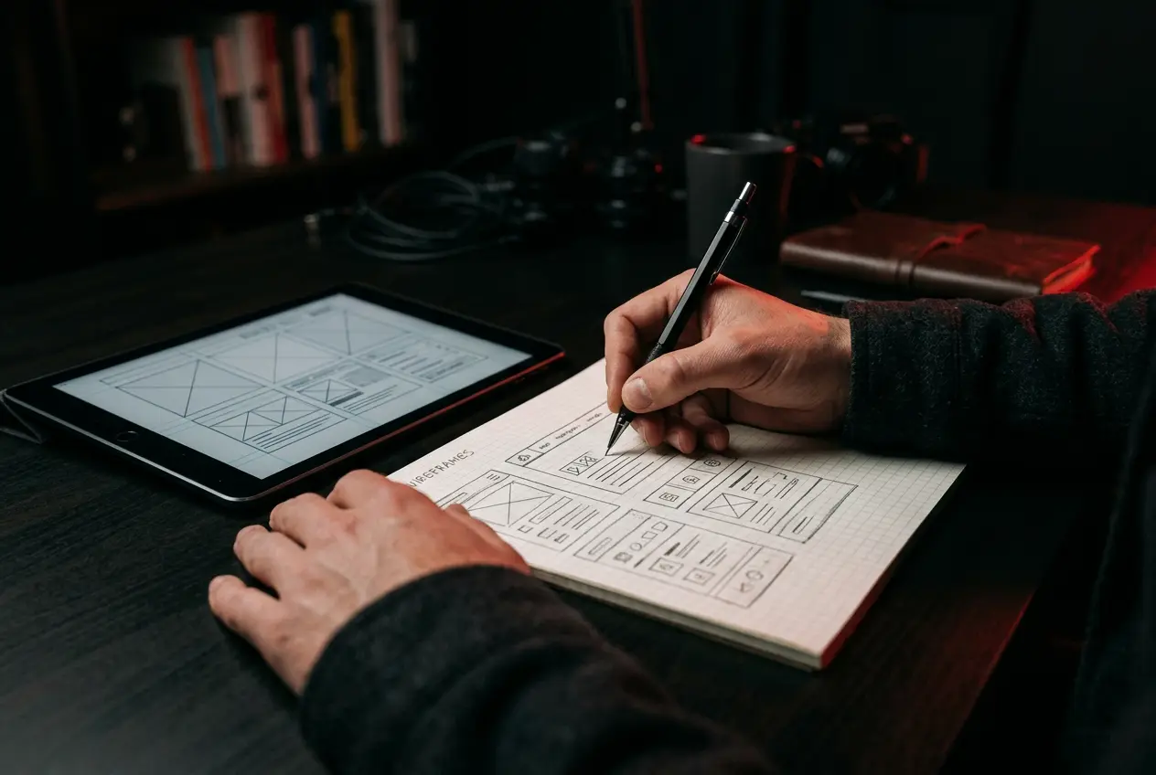 Designer's hands sketching website wireframes next to a tablet