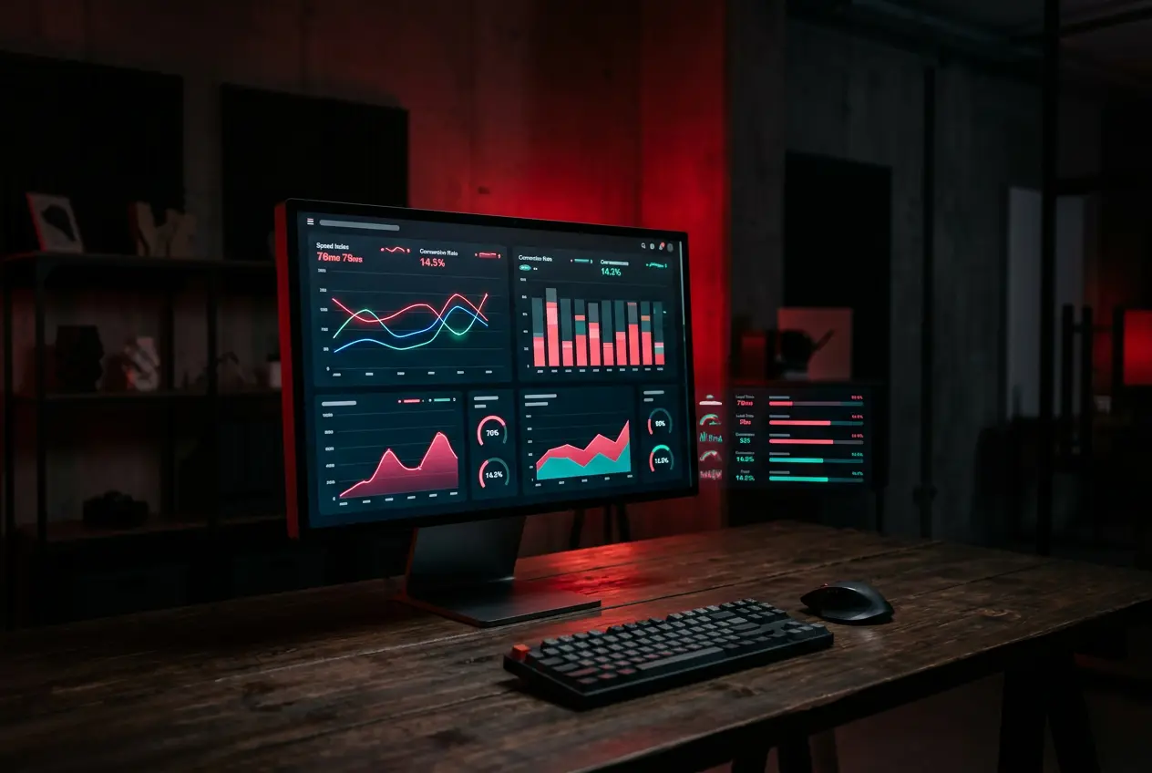 Website performance dashboard on a monitor in a dark office