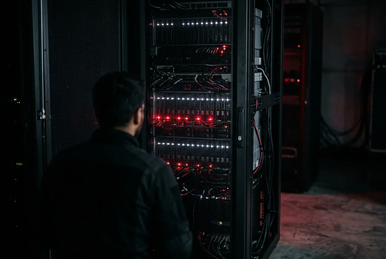 Server rack with red status lights