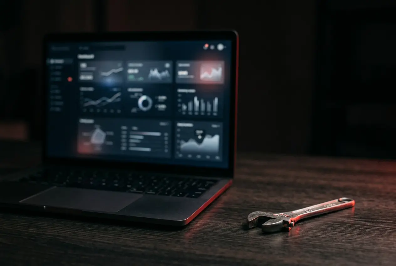 Wrench beside a laptop showing a website