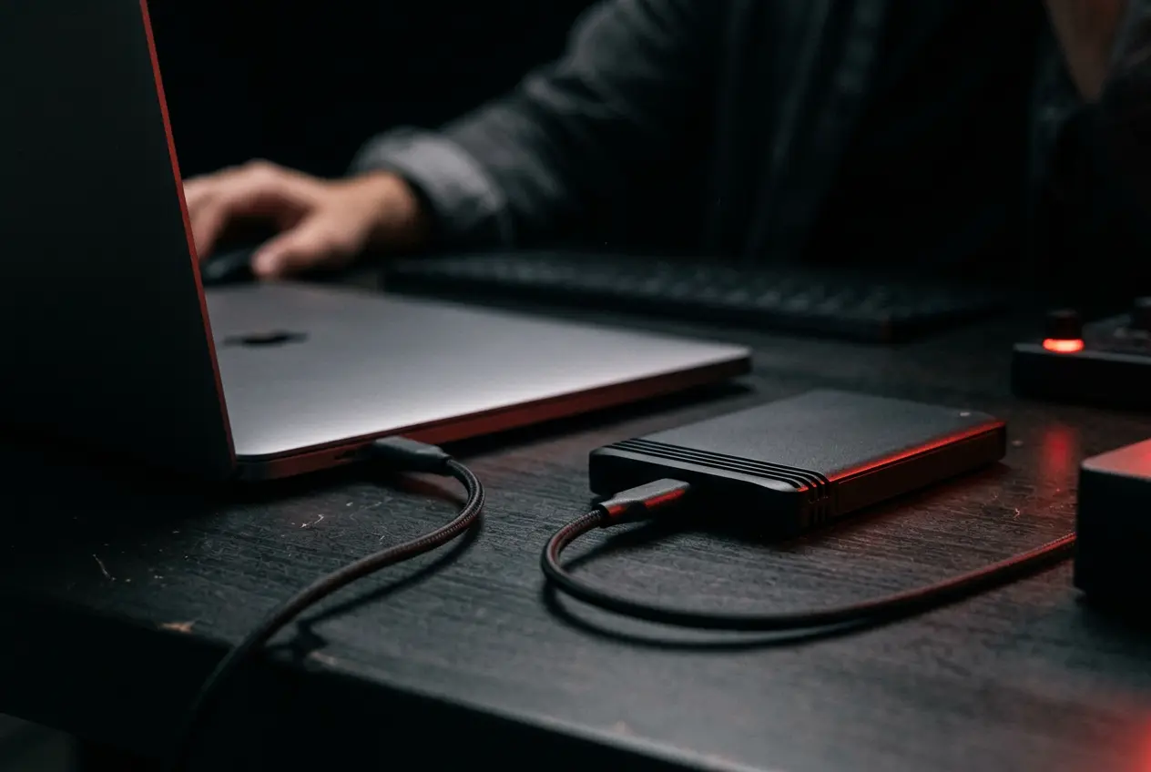 Backup drive and laptop on a dark desk