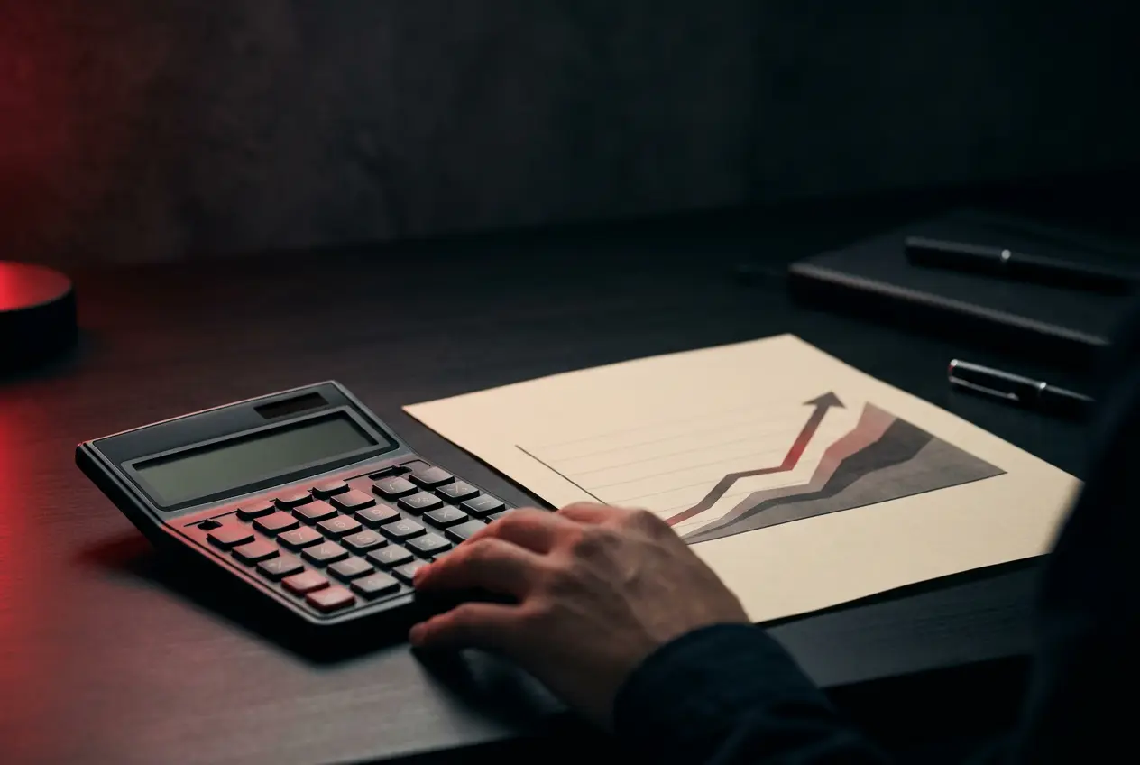 Calculator and upward chart on a dark desk