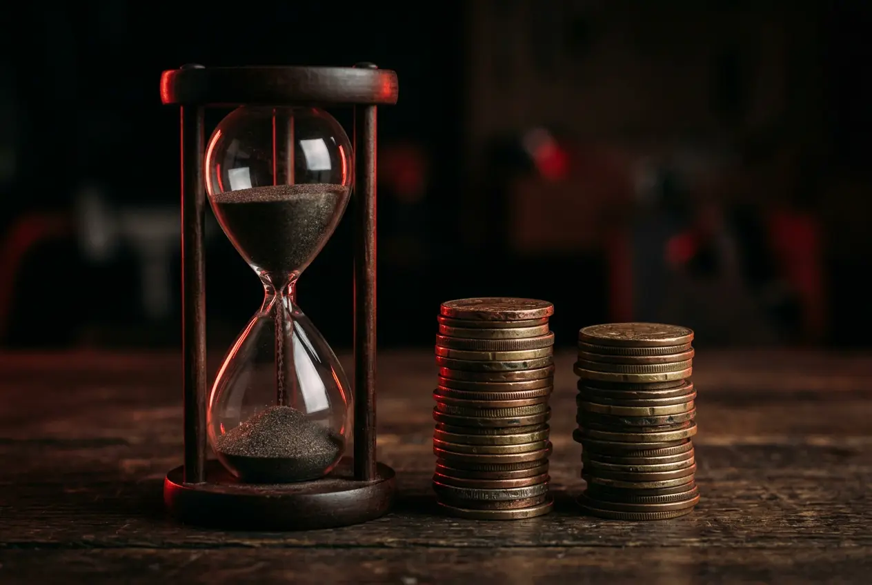 Hourglass beside coins